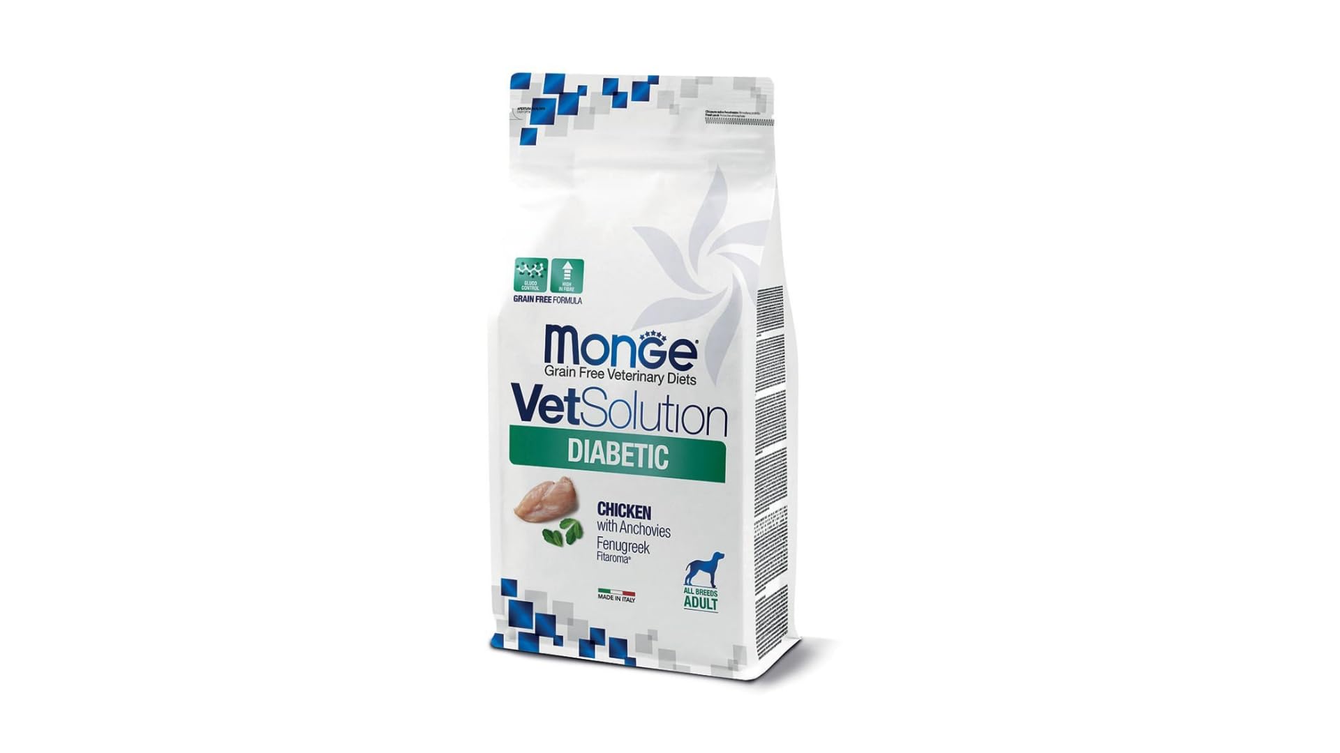 MONGE Cane VetSolution Diabetic Canine gusto Pollo con Acciughe | alimento secco completo e dietetico per cani formulato per il controllo dell’apporto di glucosio, Made in Italy, 1 confezione da 12kg.
