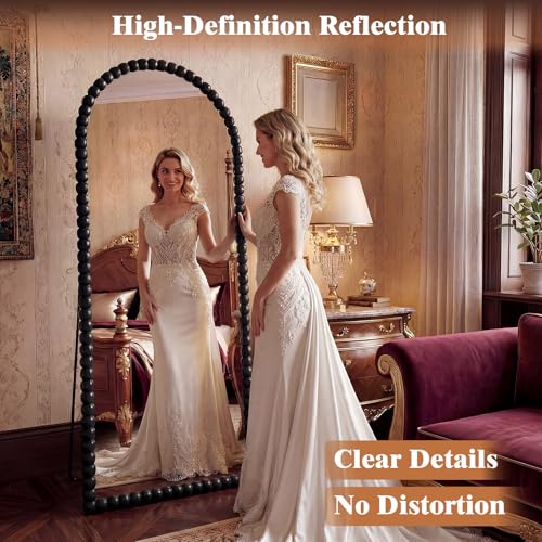 Image of Vintage Full Length Mirror with Stand, 71x28 Inch Arched Beaded Full Body Mirrors, Large Floor Mirror Standing Mirror Full Length Wall Mounted Decor for Bedroom Living Room Cloakroom, PU Frame, Black