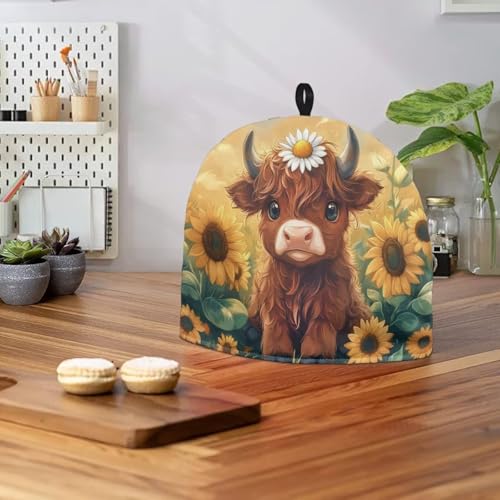 Image of Tea Cozy Sunflower Highland Cow Cute Print Cotton Insulated Tea Cozies for Teapot Keep Warm Kettle Dust Cover Kitchen Accessories