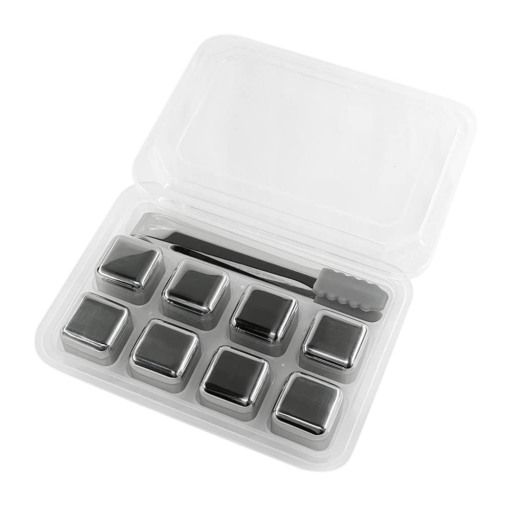 YAOTROOP 8PCS Stainless Steel Whisky Stones Ice Cubes with Silicone Clip Bar Barware Sets Quick Freeze Ice Stones Reusable Chilling Rocks for Whiskey Wine Gin Tonic Drinks
