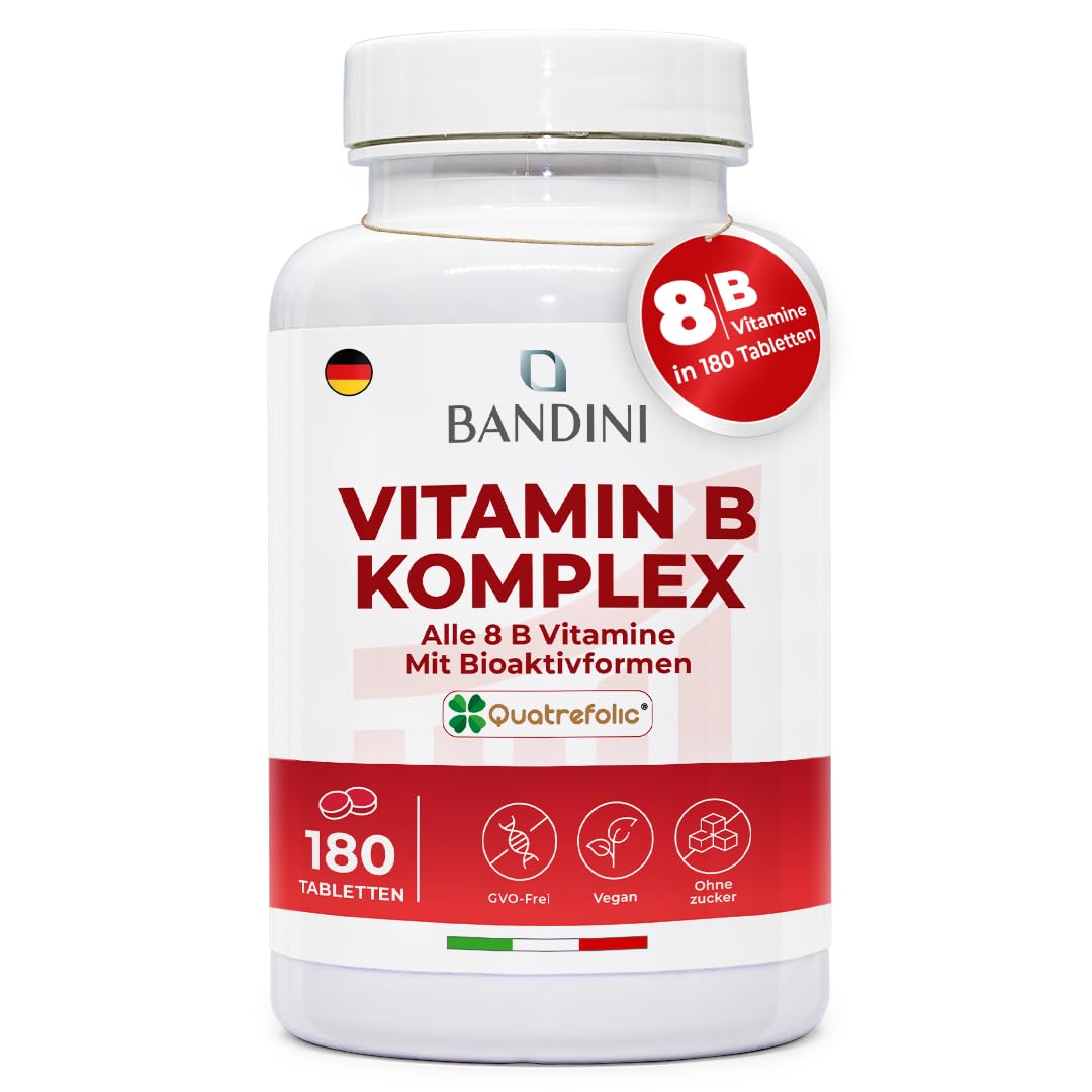 Bandini® Vitamin B Komplex hochdosiert | 180 Tabletten mit Bioaktiv-Formen - Premium Folsäure Quatrefolic® | B-Complex mit alle 8 B-Vitamine B1, B2, B3, B5, B6, B7, B9, B12 | Hochdosiert, 100% Vegan