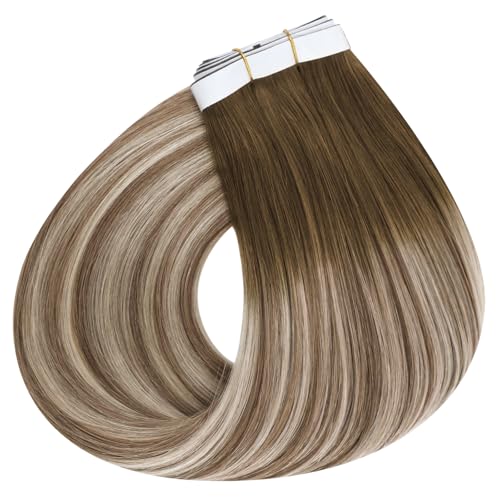 Image of Full Shine Long Weft Wide Tape in Hair Extensions Human Hair Color 3 Brown Fading 8 Brown and 22 Blonde 22 Inch Invisible Hand Tied Hair Extensions Tape in 120g Soft and Silky 4PCS