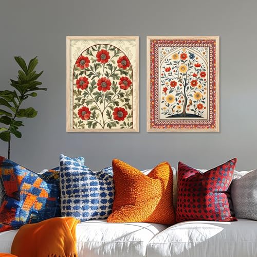 Image of kotart - Traditional Indian Wall Art Floral Paintings for Living Room Wall Art Painting for Wall Decoration Wall Poster With frames Wall Paintings For Home Decoration Indian Wall Art Home Decor Frames Framed Wall Painting for Home Room Bedroom Office Wall Decor set of 2 (Art 5, (19x25 inch), Framed)