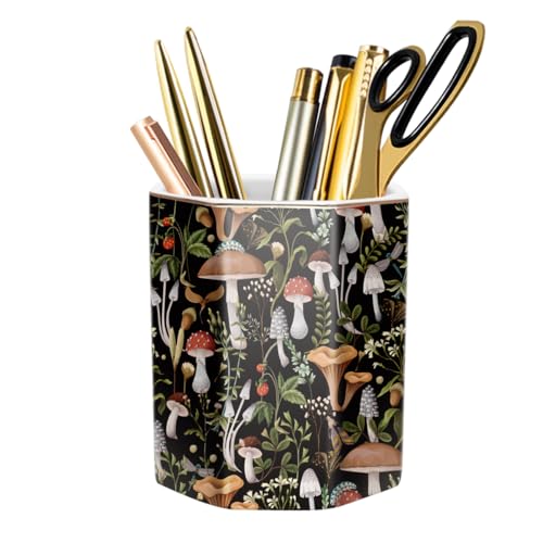 WAVEYU Cute Ceramic Pen Holder for Desk, Pencil Pen Cup, Makeup Brush Holder, Desktop Supplies and Accessories for Women, Pen Pencil Stationery for Office Home Art Supply, Mushrooms Pattern