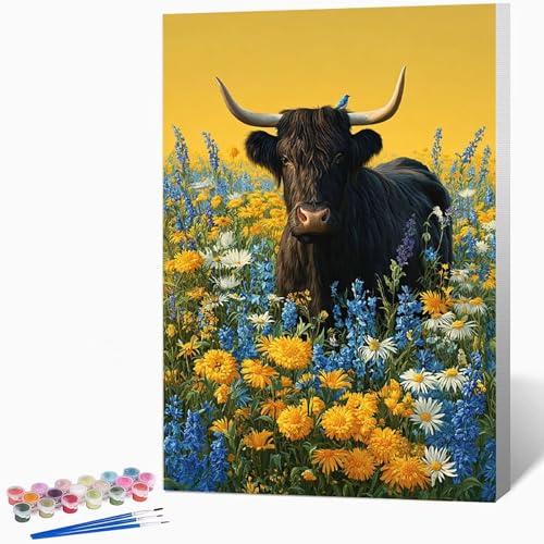 数字油絵 牛 ペイントバイナンバー 花, ナンバーペイント大人のDIYセット(ブラシとアクリル絵の具を含む)、クリエイティブな手作りの油絵セット、女性へのデジタル絵画ギフト、壁の装飾 40×60cm -WX251074P