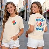 MOUSYA Autism Awareness Shirt Women Support Squad Autism Awareness Shirts Puzzle Heart Inclusion Graphic Tee Beige