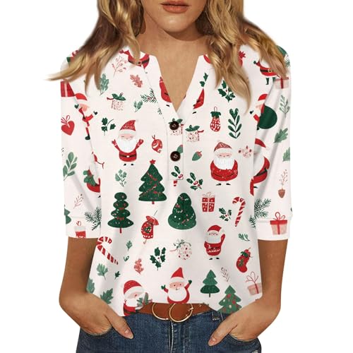 Weihnachten Tshirt Weihnachtstshirt Damen T-Shirt mit Weihnachtlichem Elch Bluse Weihnachtsmotiv Weihnachts Kostüm Sexy Weihnachtspullover XL T-Shirts für Weiß M