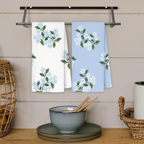 JINYO Blue Hydrangea Floral Kitchen Towels Set of 2, Farmhouse Spring Flower Dish Tea Towels for Kitchen, Blue Hydrangea Decorative Hand Towels for Bathroom, 16x24 Inch by JINYO - Used condition - Image 4