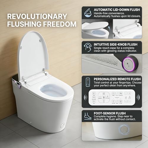 Inodoro inteligente ADA con bidé, tapa automática apertura/cierre, descarga automática, asiento calefactable, agua tibia instantánea, secador de aire cálido, sensor de pie, control remoto miniatura 2