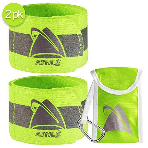 Lot de 2 Brassards Réfléchissants Athlé - Bandes Jaunes Fluo Réglables de 40 cm pour Poignet, Bras, Cheville - Equipements de Sécurité Haute Visibilité pour Course, Cyclisme et Moto - Sac de transport Cover