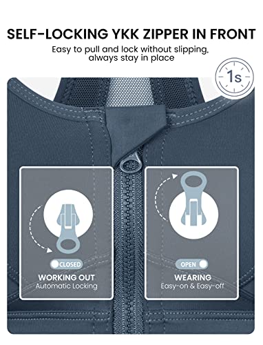 Yvette Zip Front Sports Bra - High Impact Sports Bras For Women Plus Size Workout Fitness Running,Navy #TOP2