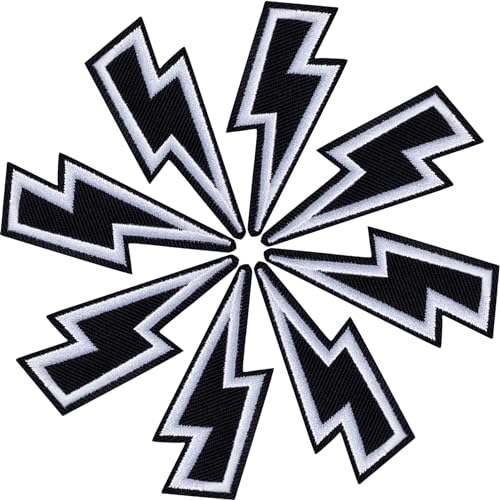 PAGOW 8 Pcs Lightning Bolt Iron on Patch, Sew on Embroidered Patches, Black Iron on Patches for Hats Clothes Motorcycle Jackets Backpacks, Lightning Bolt Decor, DIY Appliques Decoration (2.5x1 Inch)