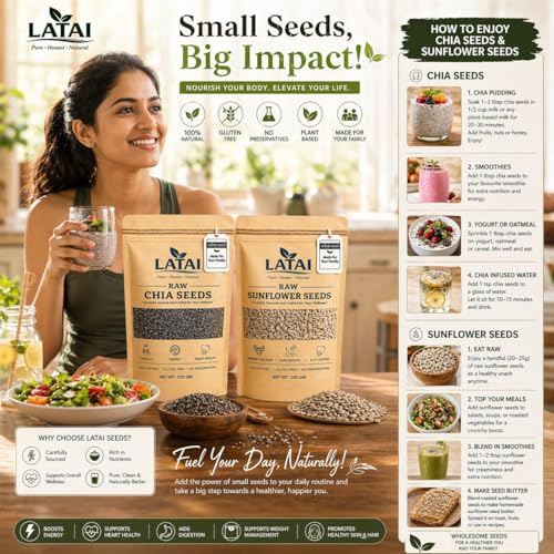 Image of LATAI Energy & Nutrition Seeds Combo Pack of 2 | Raw Chia Seeds & Sunflower Seeds | Naturally Rich in Omega 3, Protein, Fiber & Vitamin E | 200g Each (400g Total) | 100% Natural, Gluten Free