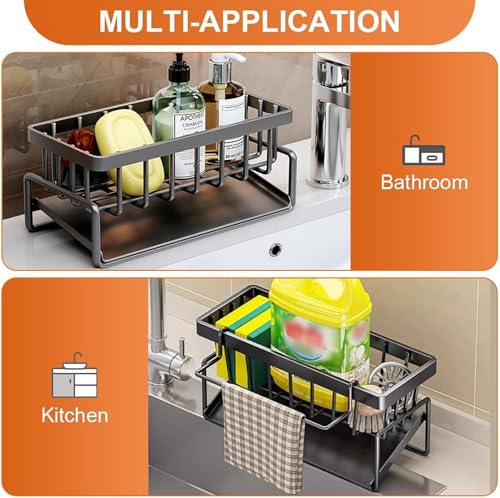 Image of MosQuick Kitchen Sink Organiser - Stainless Steel Sink Caddy with Self Draining Tray, Sponge Holder, Dish Cloth & Brush Rack for Kitchen Basin & Bathroom, Rust Free Steel Organizer Stand (Black)