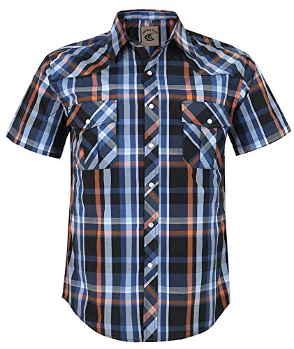 COEVALS CLUB Mens Shirts Short Sleeve Casual Push Button Plaid Suit Regular Fit Western Cowboy Pearl Snap Two Pockets Work Derss Button Up Shirts (Black Blue Orange #5 L)
