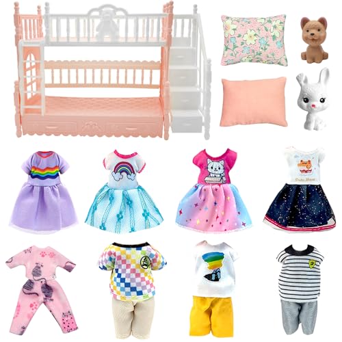 Doll Clothes and Accessories for 5.3 inch Dolls, Clothes Dress Pajamas Random in 6, Mini Supplies, Bunk Bed, Girls Granddaughter Gifts