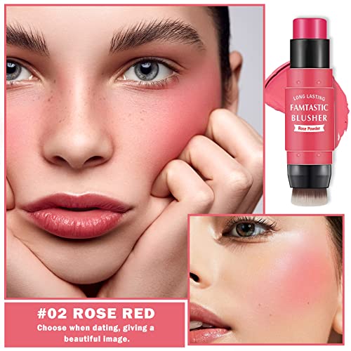 Cream Blush Stick,3 In 1 Blush Makeup Stick For Cheeks & Lip Tint & Eyeshadow Makeup,Natural Makeup Waterproof Long Lasting,Makeup Blush Stick With Brush - 02 Rose Red #TOP1