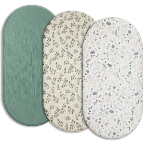 Image of SNOOZYNEST Soft Muslin Bassinet Sheets 32" x 18", Baby Bassinet Mattress Fitted Cover, Fit for Halo, Fisher Price, Delta, Graco, Oval Bassinet or Cradle, for Girl or Boy （Roman & Forest & Leaves）
