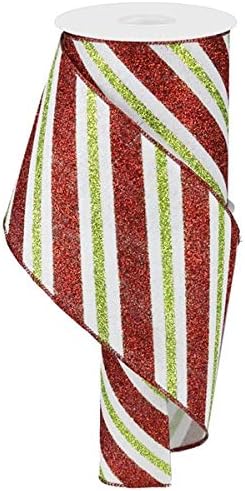 Diagonal Glitter Stripe Wired Edge Ribbon - 10 Yards (White, Red, Lime, 4 Inch)