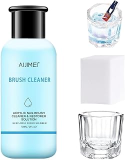 AIJIMEI Nail Brush Cleaner Set: 58ml Solution with Glass Cup & 50 Cotton Pads for Acrylic Gel Polish Nail Art Brushes