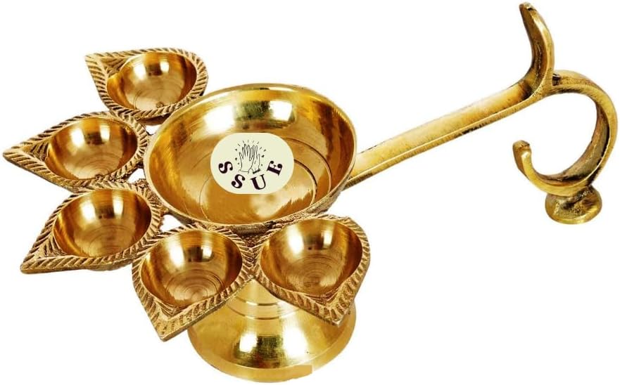 Brass Panchmukhi Deepak Aarti Oil Lamp Pooja Puja Five Face Jyoti Diya with Handle Accessory for Positivity,Success,Health,Wealth,Worship Religious Temple/Mandir Festival Diwali Gift (10 Inches)