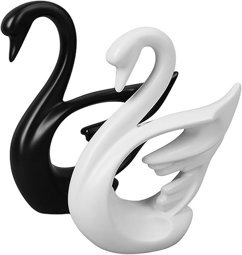 Miniatura 4 de Wnvivi 2 figuras de cisne, escultura de cisne de cerámica en blanco y negro, decoración moderna de cisne para pareja para dormitorio, estante de