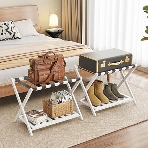 BAMBOOHOMIE 2 Pack Bamboo Luggage Rack for Guest Room, 26.77" Folding Wide Suitcase Stand with Storage Shelf, Thickened Luggage Stand Holder for Bedroom Hotel, Luggage Rack for Suitcases (White) Cover