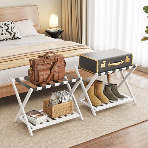 BAMBOOHOMIE 2 Pack Bamboo Luggage Rack for Guest Room, 26.77" Folding Wide Suitcase Stand with Storage Shelf, Thickened Luggage Stand Holder for Bedroom Hotel, Luggage Rack for Suitcases (White)