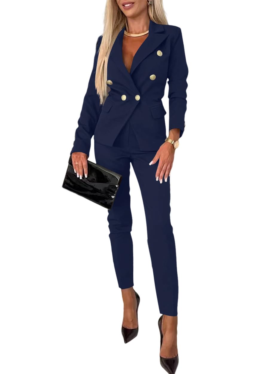 shownicer Tailleur Femme 2 Pièces Elegant Slim Fit Manche Longue Blazer Veste Formel Bureau Travail Pantalon Ensemble Blazer OL Couleur Unie Costumes Outfits