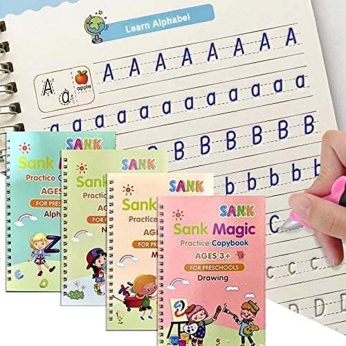 Gagan Traders Sank Magic Practice Copybook, (4 BOOK + 10 REFILL+ 1 Pen +1 Grip) Number Tracing Book for Preschoolers, Magic Calligraphy Set Practical Reusable Writing Tool Simple Hand Lettering
