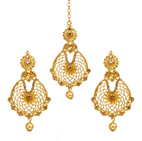 Bindhani Indian Style Bollywood Jewellery Hair Accessories Maang Tika Headpiece Bridal Bridesmaid Wedding Traditional Bahubali Gold Plated Chandbali Kundan Earrings Mang Tikka Jewelry For Women