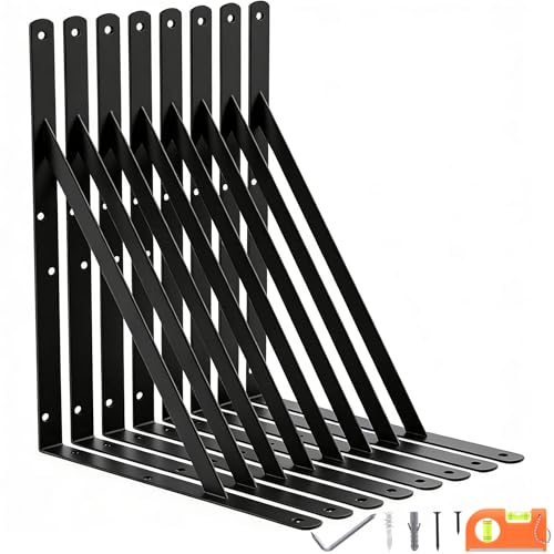8-Pack 14 Inch Heavy Duty Shelf Brackets, Large Floating Wall Bracket for Garage Storage Shelves, Black Powder-Coated Finish, Load Capacity 800lbs