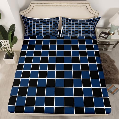 Image of Erosebridal Navy Blue Checkered Bedding Set Full Black and Blue Buffalo Plaid Bed Sheets Geometric Gingham Sheet Set Kids Boys Girls,Modern Grids Fitted Top Sheets 4 Piece