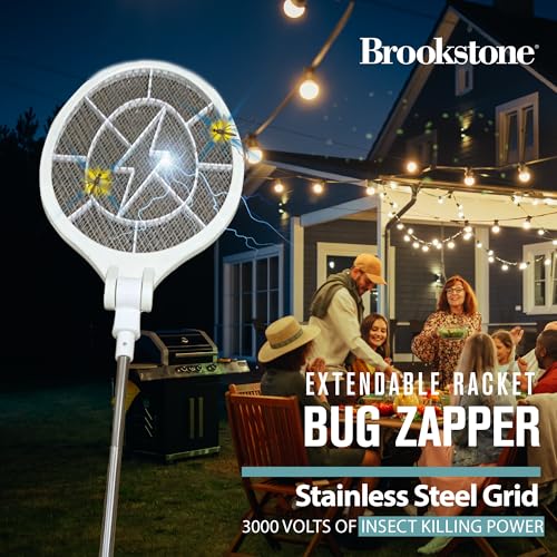 Brookstone Electric Bug Zapper Racket - 3000 Volt Stainless Steel Grid, Collapsible & Extendable Head, Chemical-Free & Non-Toxic Pest Control