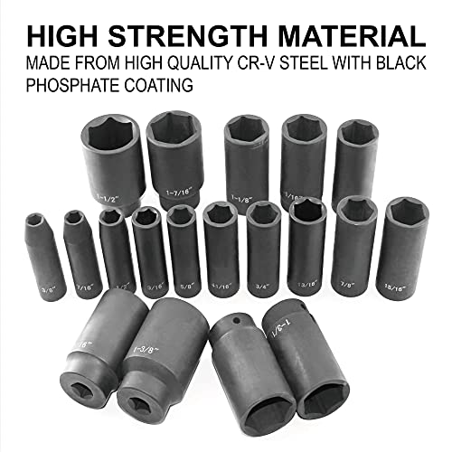 Goswift 19Pcs 1/2" Impact Socket Set, 6-Point Deep Socket, Cr-V Steel, 3/8 Inch - 1-1/2 Inch #TOP3