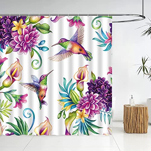 Bird Flower Shower Curtain Calla Lily Hummingbird Decor Vintage Garden Dynamic Nature,Fabric Bathroom Set Hooks Included,Purple #TOP2