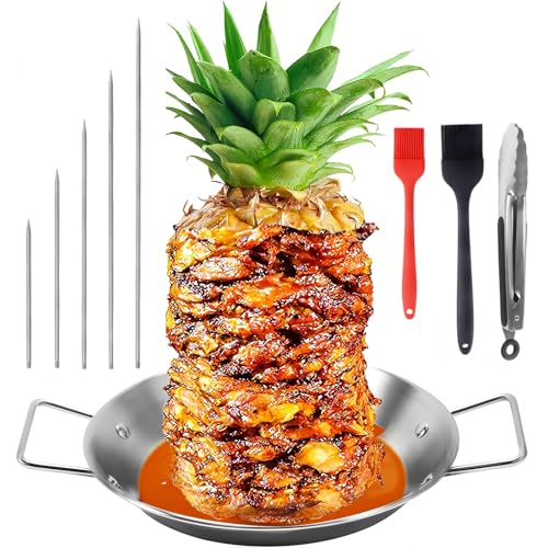 SINZONeu® Brocheta Vertical BBQ Acero Inox - 5 Pinchos Extraíbles 15/20/25/30/35cm Set Completo con Cepillo y Bandeja Jugos para Carne