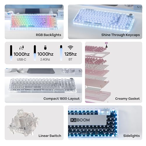 Image of KiiBoom Phantom 98 Crystal Mechanical Gaming Keyboard, Transparent Keyboard with RGB Backlits, Hot-Swappable, Shine Through Clear Keycaps, 3 Modes Wireless, 8000mAh Battery, NKRO for Win /Mac (Clear)