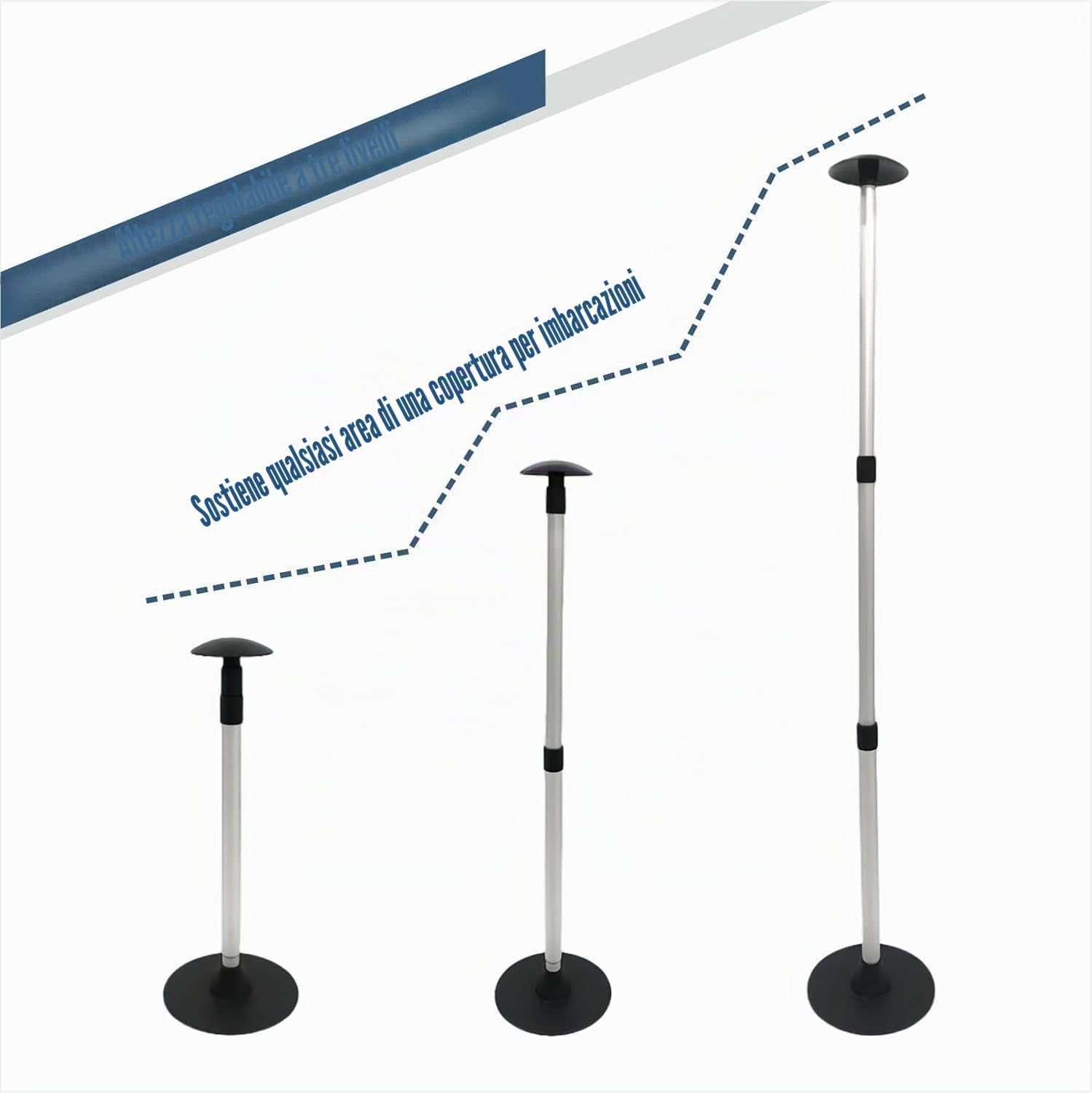 Sistema di supporto del palo della copertura della barca - accessori del palo in alluminio telescopico con altezza regolabile a 3 fasi di 23 "~ 57" per pontone basso barchetta da pesca Bimini Tops