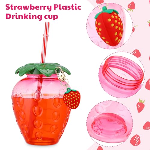 balacoo 4-Piece Strawberry Cups with Lids And Straws, 17 Oz Pink Strawberry Shaped Plastic Cups for Party, Reusable Cute Fruit Tumblers with Hanging Charms for Hawaiian Summer Party by balacoo - Image 3