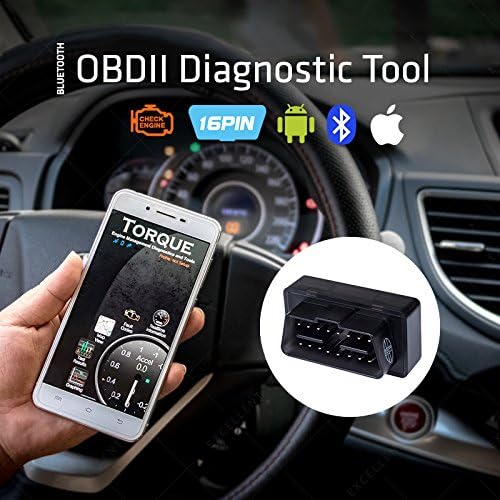 Maclean MCE200 OBD2 Bluetooth 4.0 Scanner in use, connected to a vehicle's OBD port, with a smartphone displaying diagnostic app data.