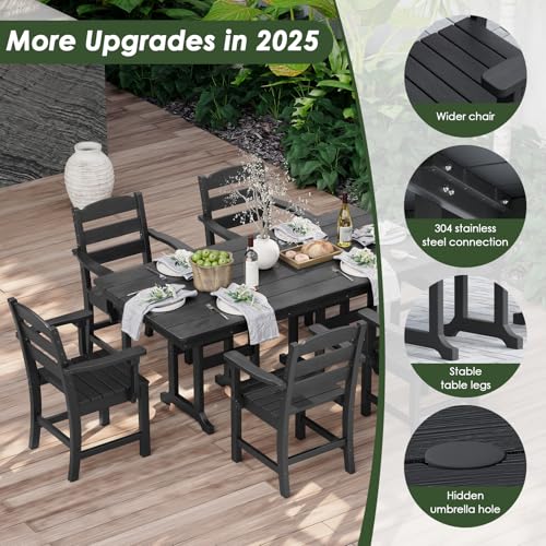 HOPUBUY 7 Pieces Patio Dining Set for 6, 71\" HDPE All-Weather Dining Table & Chairs, Durable Outdoor Furniture for Garden, Backyard, Lawn & Poolside (Black) - Thumbnail 3