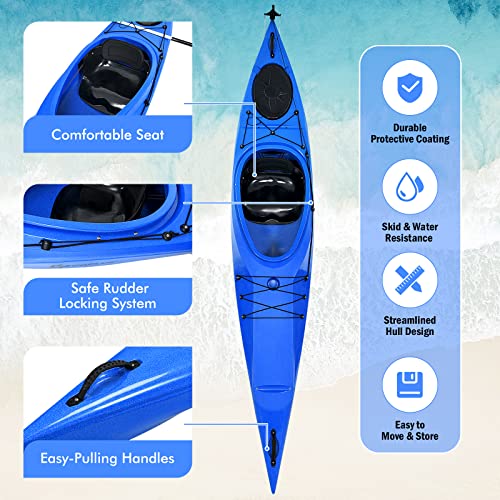 Goplus Single 12 Ft Sit-In Kayak, Touring Fishing Keel Kayaks W/Aluminum Paddle, Detachable Rudder, Storage Bin, Cup Holder, Lightweight One Person Recreational Ocean Kayak For Adults #TOP3