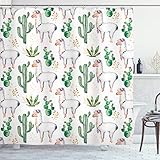 Ambesonne Cactus Shower Curtain, Hot South Desert Plant Cacti Pattern Llama Animal Modern Colored Image Print, Cloth Fabric Bathroom Decor Set with Hooks, 69' W x 70' L, Multicolor White