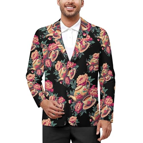 Floral Flowers Tea Cup Teapot Men's Suits Business Formal Suit Dress Print Jackets Casual Wedding Party Coat