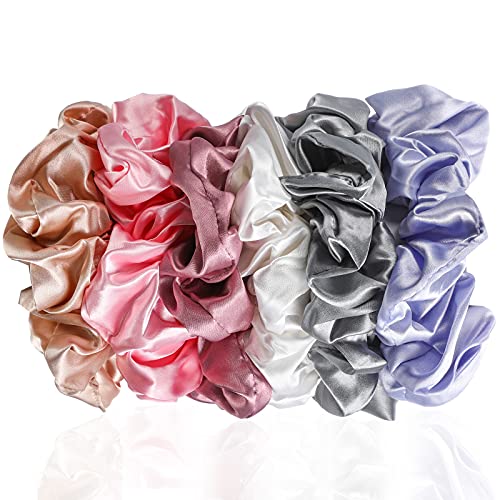 Image of Chuangdi 6 Pieces Big Satin Scrunchies for Women, Jumbo Silk Scrunchies Thick Elastic Jumbo Hair Tie Galentine Valentine's Day Gifts(Champagne, White, Silver Grey, Light Pink, Bean Red, Light Blue)