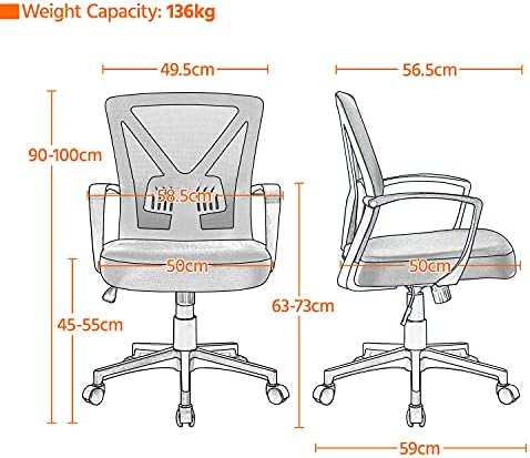 Yaheetech Office Chair Adjustable Computer Chair Ergonomic Fabric Mesh Swivel Chair Study Chair with Armrest and Lumbar Back Support for Home Office Work Task Dark Grey