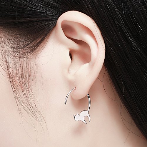 Cat Drop Hoop Earring Sterling Silver Animals Dangle Pull Through Open Earrings For Women Girls (Cat Drop Earrings) #TOP3