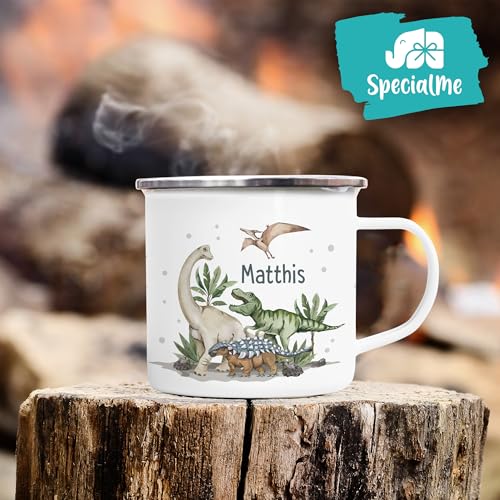 SpecialMe® Kinder-Tasse Emaille Dino mit Namen personalisiert Dinosaurier Namenstasse individuelle Geschenke Emaille-weiss-silber standard – Ansicht 6