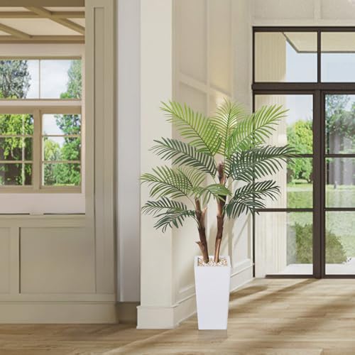 Artificial Palm Tree 5FT, Fake Tree with Realistic Fiber Trunks and White Tall Planter, Faux Tropical Areca Floor Plant in Pot, Artificial Silk Plant for Home Decor Office Living Room Decor
